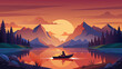 Serene Sunset Canoeing in Mountainous Landscape