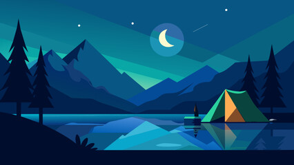 Poster - Serene Lakeside Camping Under Starry Night Sky Illustration