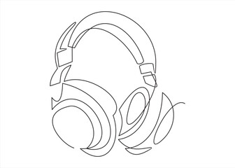 One line headphones. Hand drawn vector illustration. Continuous line drawing of headphones music musical sound wave. Wireless headphones with music and technology symbols