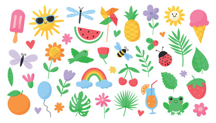 Wall Mural - Cute summer set. Summertime elements: insects, flowers, plants, fruits, berries, sun, rainbow, ice cream, drinks, food. Hand drawn vector illustration