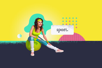 Sticker - Photo collage trend sketch of sporty trainer lady sitting fitness ball stretching muscular body legs isolated on pastel color background