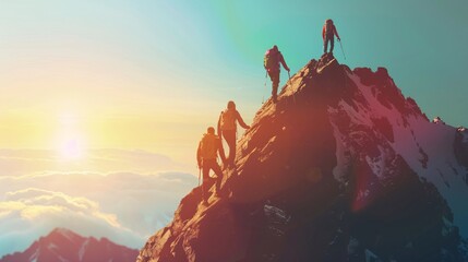 Wall Mural - Big group of people having fun in success pose with raised arms on mountain top against sunset lakes and mountains. Travel, adventure or expedition concept