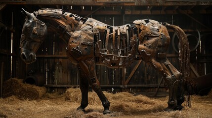 Wall Mural - A horse sculpture made of metal and hay