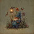 little plump gnome with long white beard holding a lantern on a stick