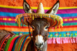 a donkey portrait wearing a sombrero hat and mexican style clothing