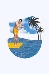 Sticker - Vertical collage picture young smiling man palms environment exotic tropical resort jumper ocean swimmer drawing background