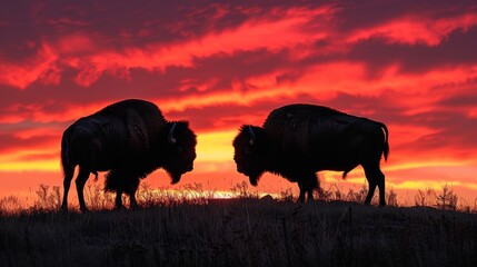 Two buffalo are standing in the grass, one of them is looking at the sun