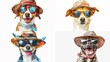 A set of watercolor illustrations for a Fun summer vacation depicting a happy dog of different breeds in sunglasses and a hat on a white background