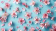 Flying Sakura Flowers on Blue Background. Spring Floral Background