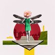 A woman with a flower head takes off with her wings. Art collage.