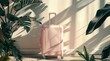 A mockup of light pink travel suitcase standing on floor with palm trees and leaves as decoration with a big space for text or product advertisement background, Generative AI.