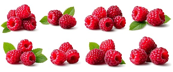 Wall Mural - set of Raspberry , many angles and view side top front group pile heap isolated on white background cutout. Mockup template for artwork graphic design 