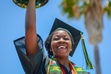 Sticker - diverse girl graduate student celebrating on her graduation day ceremony, smiling and ringing the bell