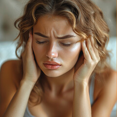 Wall Mural - Beautiful adult woman suffering from headache desperate and stressed because pain and migraine. 