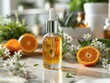 Essential oil blend in drop bottle with orange fruit on a table