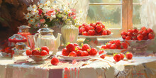 Oil Painting Of A Rustic Tea Setting With Strawberries. Impressionism Style Illustration. Still Life Art. Summer Harvest And Country Life Concept.