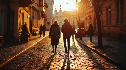 Wall Mural - Back view of a young couple walking in street at sunrise with historic buildings in the city of Prague, Czech Republic in Europe.