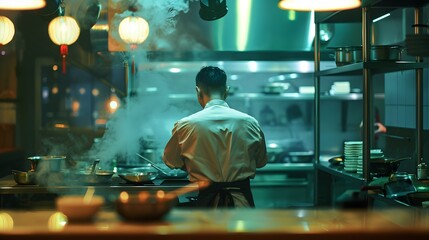 Wall Mural - male chef backview working on a kitchen of a restaurant