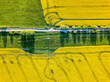 © ArtushFoto - Top bird eye view of country road and yellow rapeseed field. Warm sunny spring day. Blooming canola field. Aerial view landscape. Beautiful yellow colored landscape with blue sky. Czech Republic