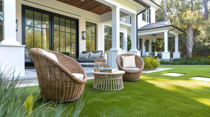 Three rattan chairs and one table on artificial grass in front of a white house with symmetrical design elements and a green color theme.