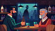 A pair of old friends reunite in the dimly lit back room of a speakeasy catching up on years of missed conversations over glasses of whiskey.. Vector illustration
