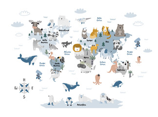 vector world map for kids with cute animals. children's map design for wallpaper, kid's room, wall a