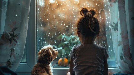 Wall Mural - Back view of a little kid sit with a dog by window with beautiful view in rainy day.