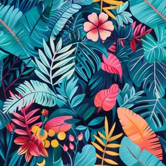 Wall Mural - Vibrant Tropical Jungle Foliage and Bright Flowers Illustration