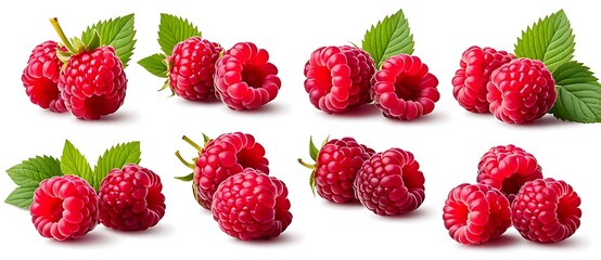 Wall Mural - set of Raspberry , many angles and view side top front group pile heap isolated on white background cutout. Mockup template for artwork graphic design 