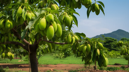 Wall Mural - Close-up of Fresh green Mangoes hanging on the mango tree on a garden farm