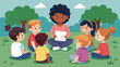 © Justlight - In a bustling park a circle of diverse children sits crosslegged as one boy holds a paper with his speech scrawled on it. A sign behind them reads. Vector illustration