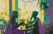 Man and woman sitting at a table in cafe restaurant with wine glasses. People in green lilac yellow colors. Loving couple. Breakup of relationship.