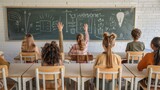 Fototapeta  - A group of children are sitting in a classroom with a blackboard in the background. One of the children is raising their hand and pointing at the board. Scene is one of learning and education