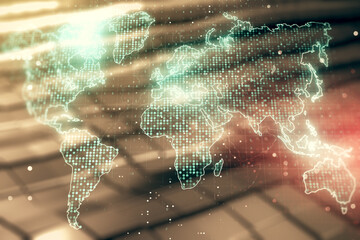 Wall Mural - multi exposure of abstract creative digital world map hologram on blurry metal background, research 