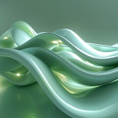 Wall Mural - 3D rendering of a green satin-like wavy surface with a soft glow.