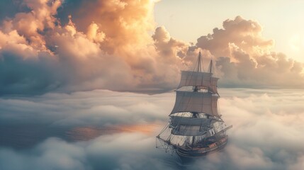 Sailing ship in sea water in heavy fog at sunset.