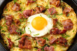 A British Classic, Bubble and Squeak baked with mashed potatoes with cabbage, bacon and eggs