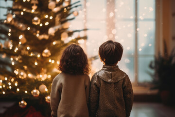 子供, 男の子, 女の子, 子供の後ろ姿, クリスマス, クリスマスツリー, デコレーション, 祝い, children, boy, girl, children's back, christmas,