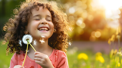 Little curly girl blowing dandelion and laughing.