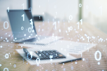 Wall Mural - abstract virtual binary code illustration on calculator and laptop background. big data and coding c