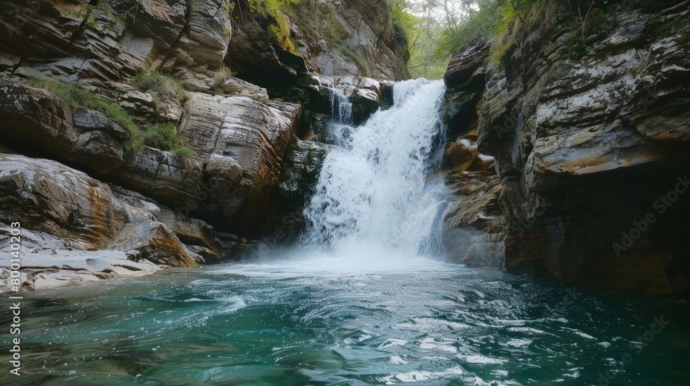 A small waterfall can be seen flowing in the middle of a river ...