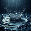 A single raindrop splashing into a puddle, sending ripples outwa