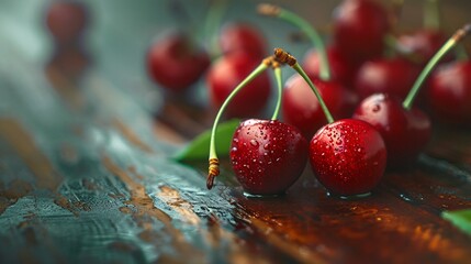 Wall Mural - Closeup view of delicious cherries on wooden table in the garden