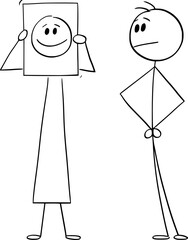 Poster - Show or hide your real emotion smile or woman smiling, vector cartoon stick figure or character illustration.