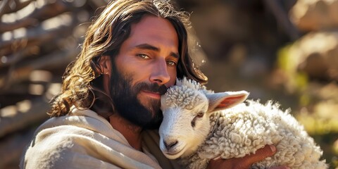 Jesus Christ holding a little lamb of Easter holiday concept