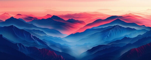 Wall Mural - Illustration of abstract mountain range background with red and blue colors. Risograph style