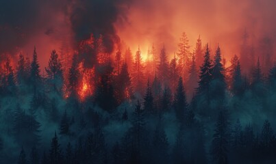 Intense Wildfire Engulfing a Forest at Dusk Generative AI image