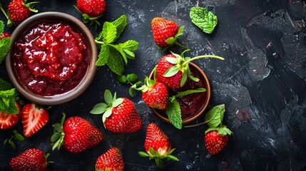 Wall Mural - Top view of a bowl with delicious strawberry jam on dark background