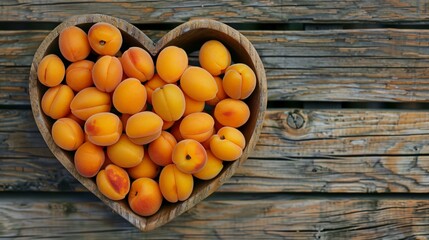 Wall Mural - Top view of heart-shaped plate full of delicious apricots on wooden table