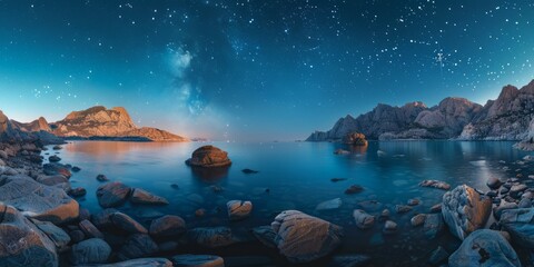 Picturesque landscape of rocks and mountains near calm sea under starry sky at night